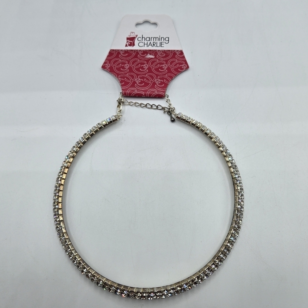 Charming Charlie Double Row Rhinestone Silver Choker - Picture 2 of 6